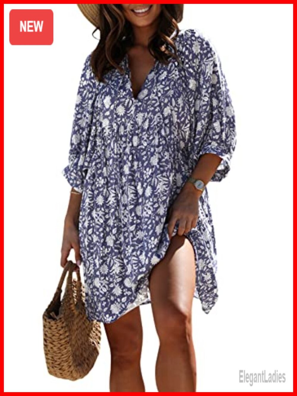 Women's Floral Mini Tunic Dress V-Neck Puff Sleeve A-Line Babydoll